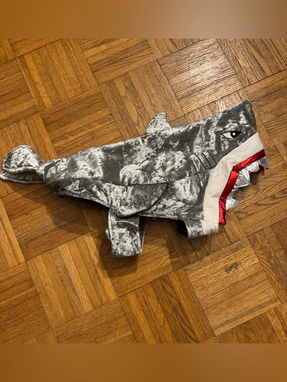 Silver Plush Shark Dog Costume with Mouth Detail For Smaller dog (shark week)